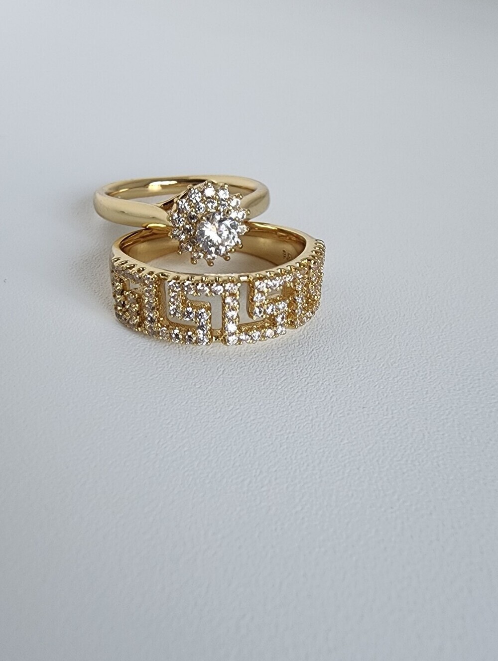 Gold Plated CZ Ring Set Greek Key Band & Halo Ring Size 9